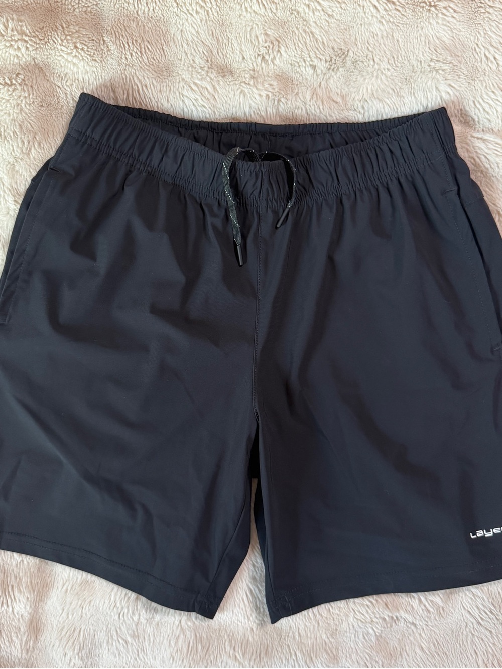 Layer 8 Men's S, Black Athletic Drawstring Shorts, Zippered Phone/Wallet Pocket